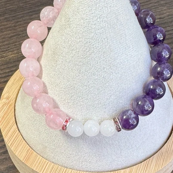 Elegant Pink Purple Beaded Bracelet Amethyst, Rose Quartz & White Jade for Adult - Picture 2 of 5